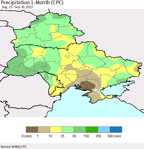 Ukraine, Moldova and Belarus Precipitation 1-Month (CPC) Thematic Map For 8/21/2023 - 9/20/2023