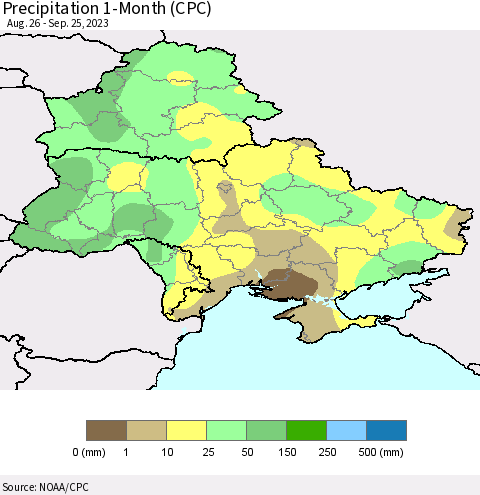 Ukraine, Moldova and Belarus Precipitation 1-Month (CPC) Thematic Map For 8/26/2023 - 9/25/2023