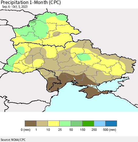 Ukraine, Moldova and Belarus Precipitation 1-Month (CPC) Thematic Map For 9/6/2023 - 10/5/2023