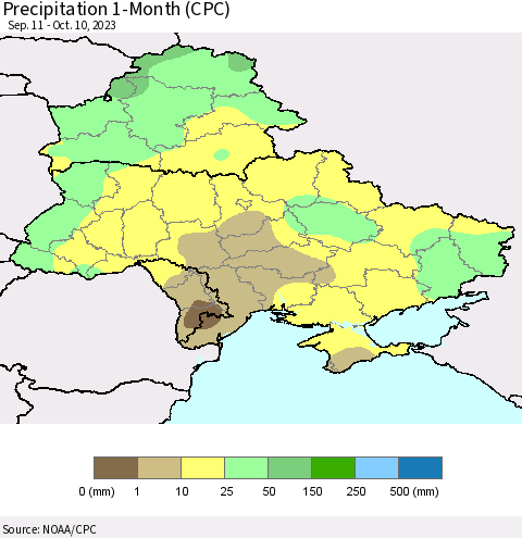 Ukraine, Moldova and Belarus Precipitation 1-Month (CPC) Thematic Map For 9/11/2023 - 10/10/2023