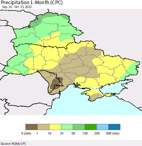 Ukraine, Moldova and Belarus Precipitation 1-Month (CPC) Thematic Map For 9/16/2023 - 10/15/2023