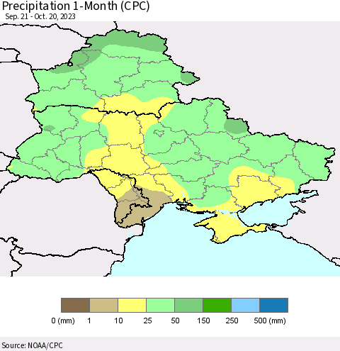 Ukraine, Moldova and Belarus Precipitation 1-Month (CPC) Thematic Map For 9/21/2023 - 10/20/2023