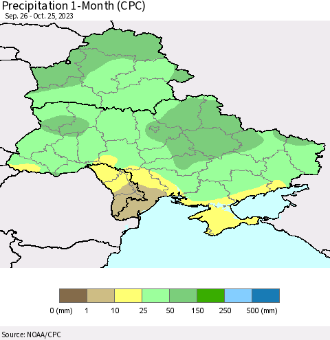 Ukraine, Moldova and Belarus Precipitation 1-Month (CPC) Thematic Map For 9/26/2023 - 10/25/2023