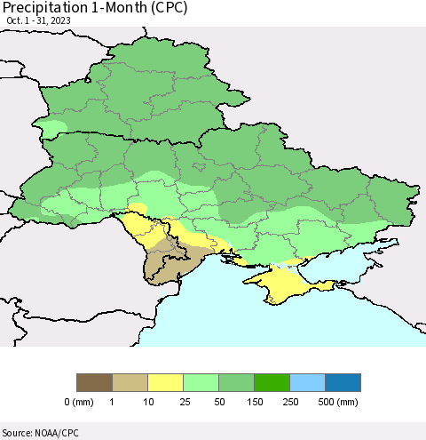 Ukraine, Moldova and Belarus Precipitation 1-Month (CPC) Thematic Map For 10/1/2023 - 10/31/2023