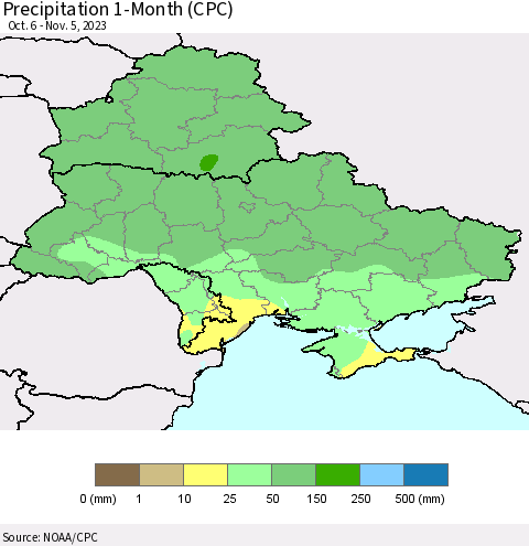 Ukraine, Moldova and Belarus Precipitation 1-Month (CPC) Thematic Map For 10/6/2023 - 11/5/2023