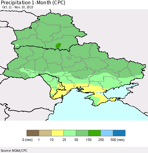 Ukraine, Moldova and Belarus Precipitation 1-Month (CPC) Thematic Map For 10/11/2023 - 11/10/2023