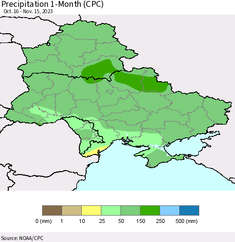 Ukraine, Moldova and Belarus Precipitation 1-Month (CPC) Thematic Map For 10/16/2023 - 11/15/2023