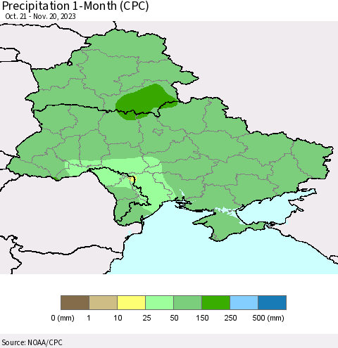 Ukraine, Moldova and Belarus Precipitation 1-Month (CPC) Thematic Map For 10/21/2023 - 11/20/2023