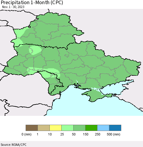 Ukraine, Moldova and Belarus Precipitation 1-Month (CPC) Thematic Map For 11/1/2023 - 11/30/2023