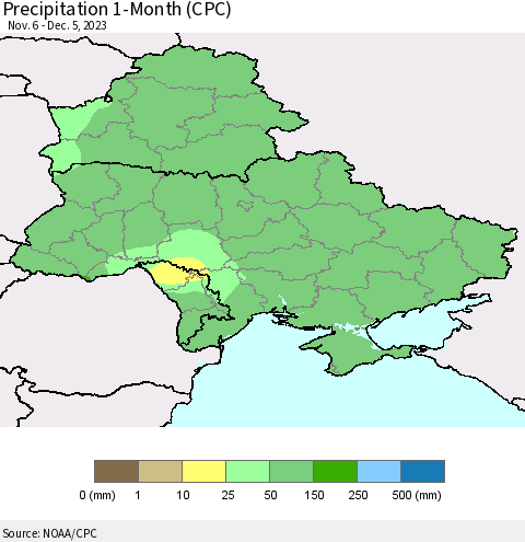 Ukraine, Moldova and Belarus Precipitation 1-Month (CPC) Thematic Map For 11/6/2023 - 12/5/2023