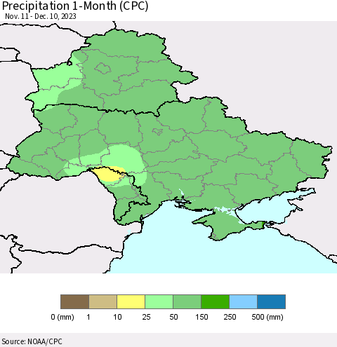Ukraine, Moldova and Belarus Precipitation 1-Month (CPC) Thematic Map For 11/11/2023 - 12/10/2023