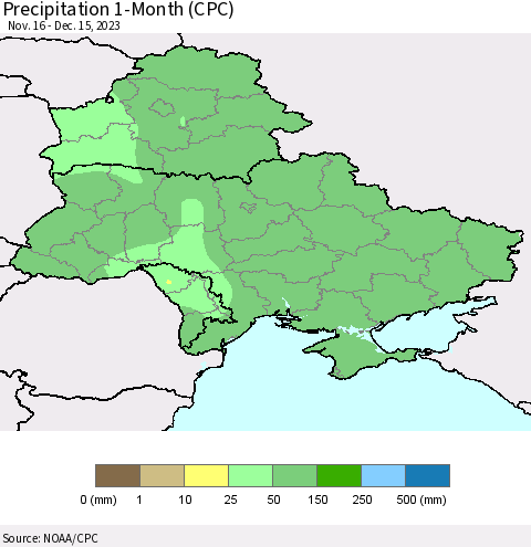 Ukraine, Moldova and Belarus Precipitation 1-Month (CPC) Thematic Map For 11/16/2023 - 12/15/2023