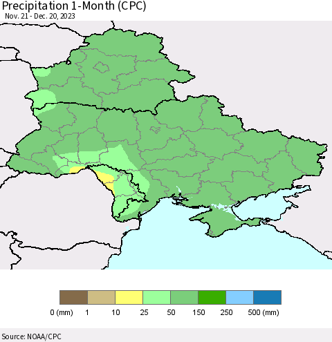 Ukraine, Moldova and Belarus Precipitation 1-Month (CPC) Thematic Map For 11/21/2023 - 12/20/2023
