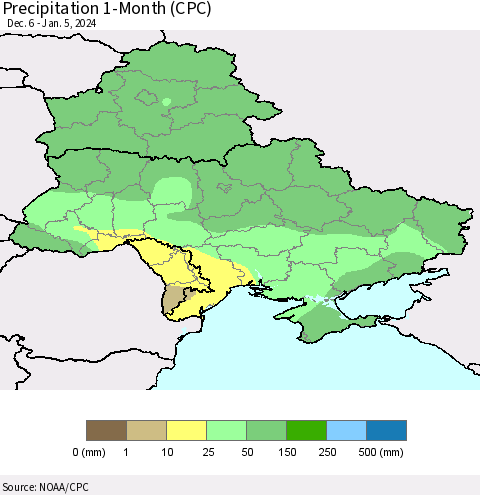 Ukraine, Moldova and Belarus Precipitation 1-Month (CPC) Thematic Map For 12/6/2023 - 1/5/2024