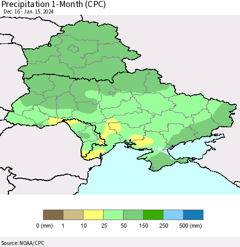 Ukraine, Moldova and Belarus Precipitation 1-Month (CPC) Thematic Map For 12/16/2023 - 1/15/2024