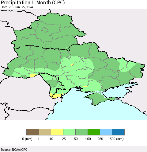 Ukraine, Moldova and Belarus Precipitation 1-Month (CPC) Thematic Map For 12/26/2023 - 1/25/2024