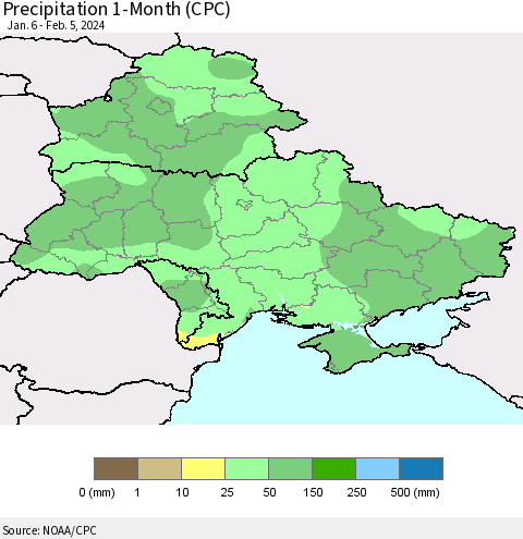 Ukraine, Moldova and Belarus Precipitation 1-Month (CPC) Thematic Map For 1/6/2024 - 2/5/2024