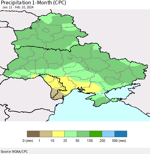 Ukraine, Moldova and Belarus Precipitation 1-Month (CPC) Thematic Map For 1/11/2024 - 2/10/2024