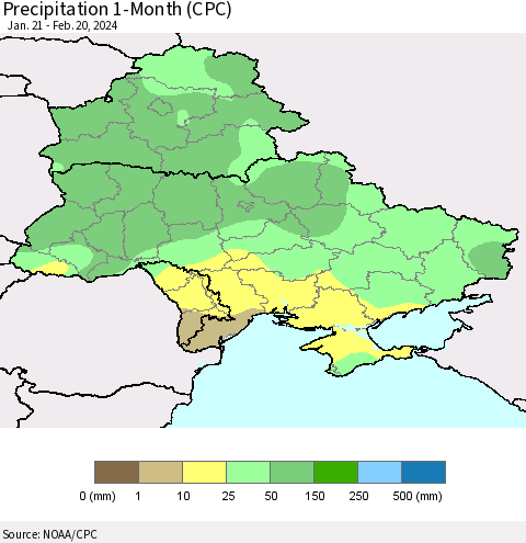 Ukraine, Moldova and Belarus Precipitation 1-Month (CPC) Thematic Map For 1/21/2024 - 2/20/2024