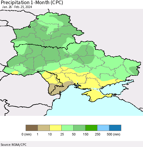 Ukraine, Moldova and Belarus Precipitation 1-Month (CPC) Thematic Map For 1/26/2024 - 2/25/2024