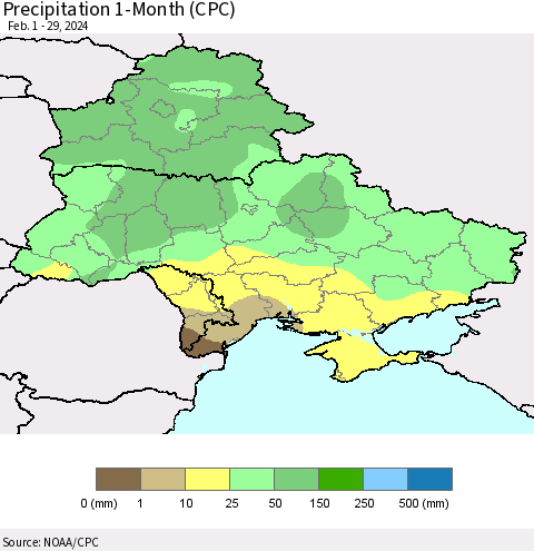 Ukraine, Moldova and Belarus Precipitation 1-Month (CPC) Thematic Map For 2/1/2024 - 2/29/2024