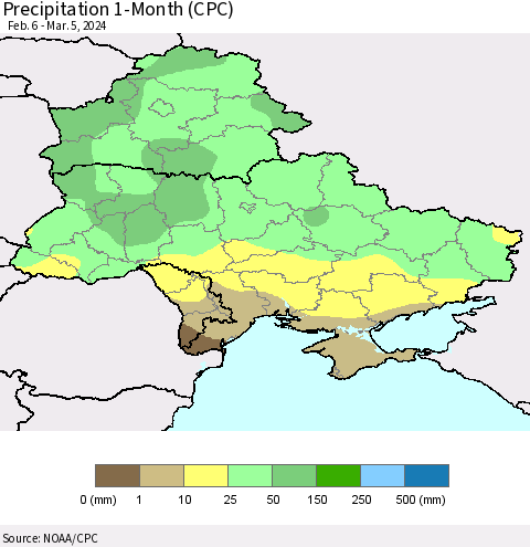 Ukraine, Moldova and Belarus Precipitation 1-Month (CPC) Thematic Map For 2/6/2024 - 3/5/2024