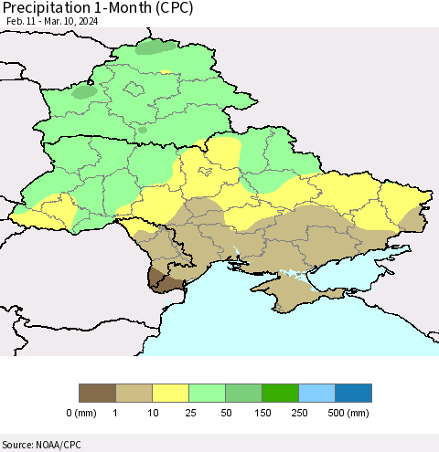 Ukraine, Moldova and Belarus Precipitation 1-Month (CPC) Thematic Map For 2/11/2024 - 3/10/2024