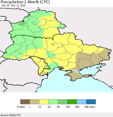 Ukraine, Moldova and Belarus Precipitation 1-Month (CPC) Thematic Map For 2/16/2024 - 3/15/2024