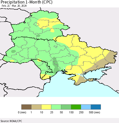 Ukraine, Moldova and Belarus Precipitation 1-Month (CPC) Thematic Map For 2/21/2024 - 3/20/2024