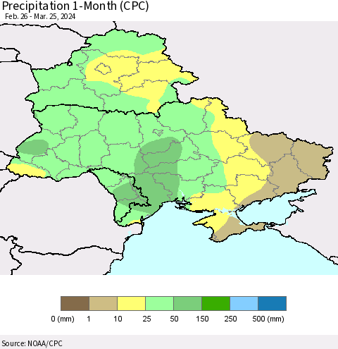 Ukraine, Moldova and Belarus Precipitation 1-Month (CPC) Thematic Map For 2/26/2024 - 3/25/2024