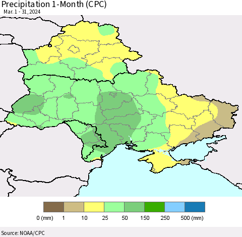 Ukraine, Moldova and Belarus Precipitation 1-Month (CPC) Thematic Map For 3/1/2024 - 3/31/2024