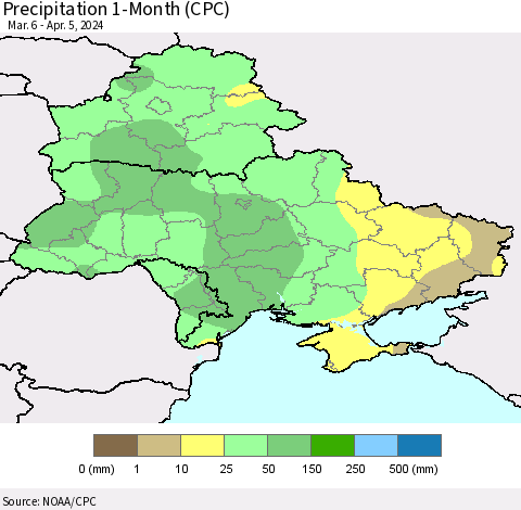 Ukraine, Moldova and Belarus Precipitation 1-Month (CPC) Thematic Map For 3/6/2024 - 4/5/2024
