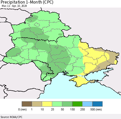 Ukraine, Moldova and Belarus Precipitation 1-Month (CPC) Thematic Map For 3/11/2024 - 4/10/2024
