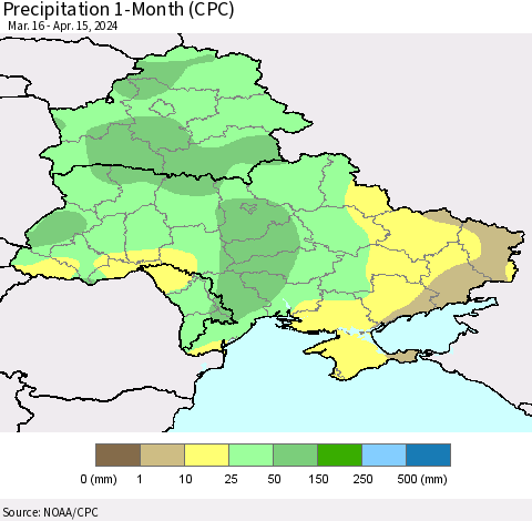 Ukraine, Moldova and Belarus Precipitation 1-Month (CPC) Thematic Map For 3/16/2024 - 4/15/2024