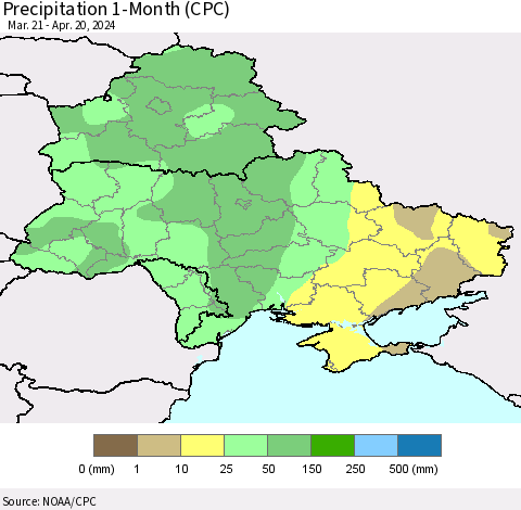 Ukraine, Moldova and Belarus Precipitation 1-Month (CPC) Thematic Map For 3/21/2024 - 4/20/2024