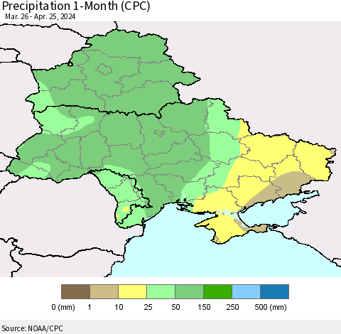 Ukraine, Moldova and Belarus Precipitation 1-Month (CPC) Thematic Map For 3/26/2024 - 4/25/2024