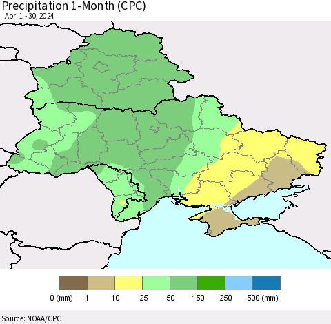 Ukraine, Moldova and Belarus Precipitation 1-Month (CPC) Thematic Map For 4/1/2024 - 4/30/2024