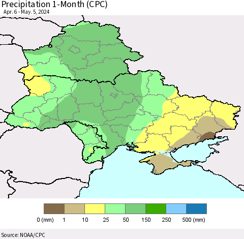 Ukraine, Moldova and Belarus Precipitation 1-Month (CPC) Thematic Map For 4/6/2024 - 5/5/2024