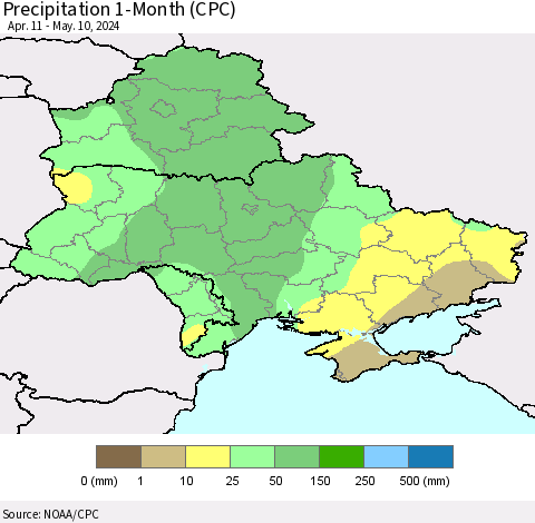 Ukraine, Moldova and Belarus Precipitation 1-Month (CPC) Thematic Map For 4/11/2024 - 5/10/2024