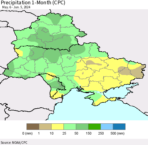 Ukraine, Moldova and Belarus Precipitation 1-Month (CPC) Thematic Map For 5/6/2024 - 6/5/2024