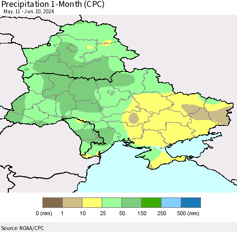 Ukraine, Moldova and Belarus Precipitation 1-Month (CPC) Thematic Map For 5/11/2024 - 6/10/2024