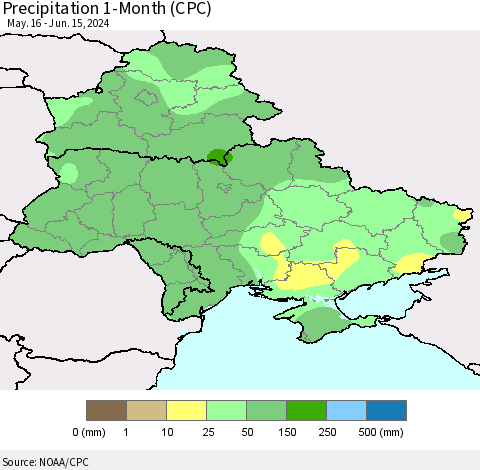 Ukraine, Moldova and Belarus Precipitation 1-Month (CPC) Thematic Map For 5/16/2024 - 6/15/2024