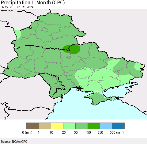 Ukraine, Moldova and Belarus Precipitation 1-Month (CPC) Thematic Map For 5/21/2024 - 6/20/2024