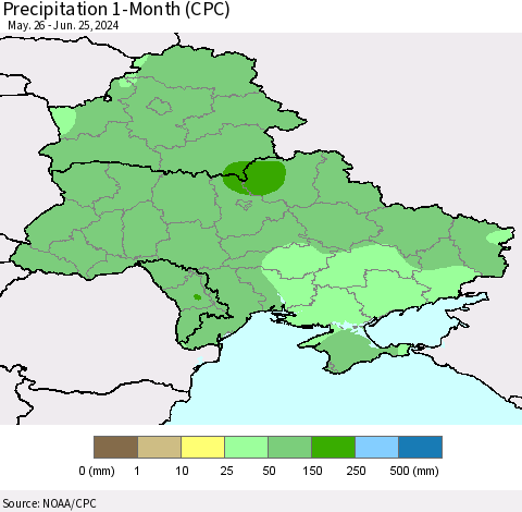Ukraine, Moldova and Belarus Precipitation 1-Month (CPC) Thematic Map For 5/26/2024 - 6/25/2024