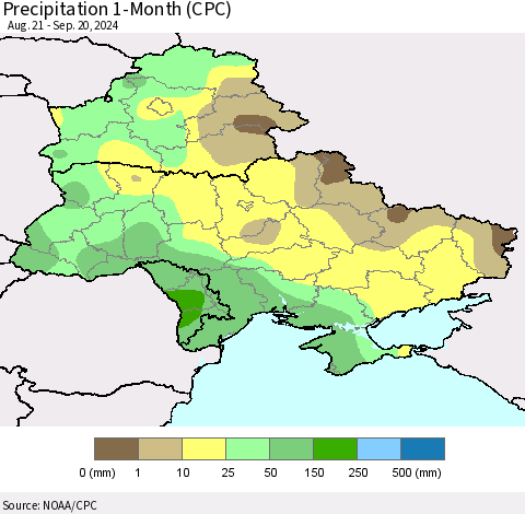 Ukraine, Moldova and Belarus Precipitation 1-Month (CPC) Thematic Map For 8/21/2024 - 9/20/2024