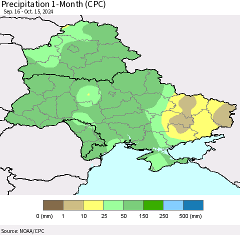 Ukraine, Moldova and Belarus Precipitation 1-Month (CPC) Thematic Map For 9/16/2024 - 10/15/2024