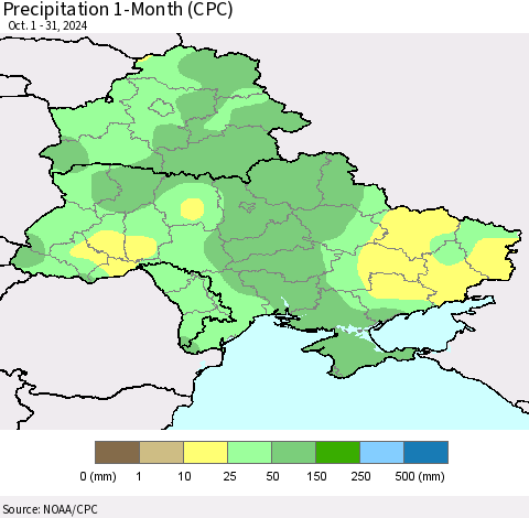 Ukraine, Moldova and Belarus Precipitation 1-Month (CPC) Thematic Map For 10/1/2024 - 10/31/2024