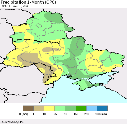 Ukraine, Moldova and Belarus Precipitation 1-Month (CPC) Thematic Map For 10/11/2024 - 11/10/2024