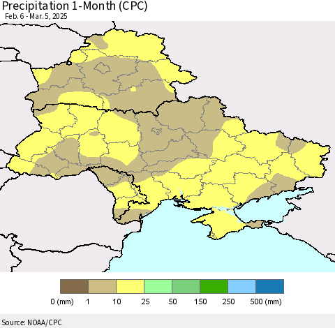Ukraine, Moldova and Belarus Precipitation 1-Month (CPC) Thematic Map For 2/6/2025 - 3/5/2025