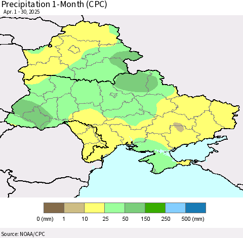 Ukraine, Moldova and Belarus Precipitation 1-Month (CPC) Thematic Map For 4/1/2025 - 4/30/2025